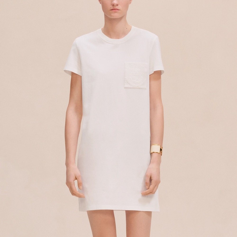 Hermès Embroidered Pocket Dress White Short Sleeve T-Shirt Dress Size 38 New NWT
